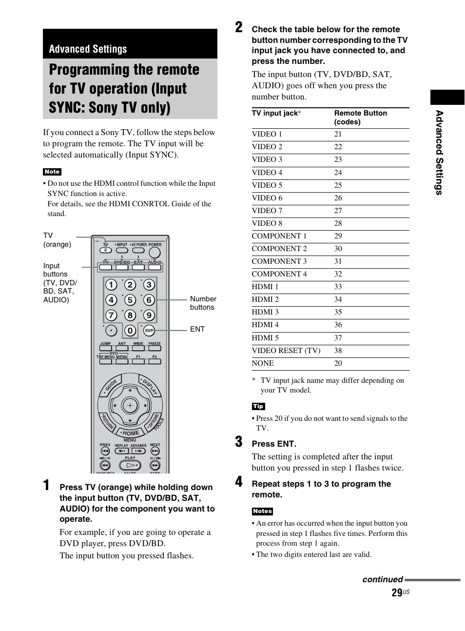 Advanced settings, Programming the remote for tv operation, Input sync: sony tv only) | Sony RHT-G800 User Manual | Page 29 / 160