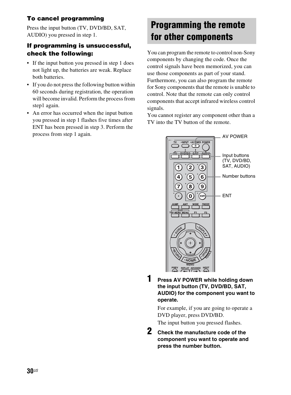 Programming the remote for other components, Programming the remote for other, Components | Sony RHT-G800 User Manual | Page 30 / 160