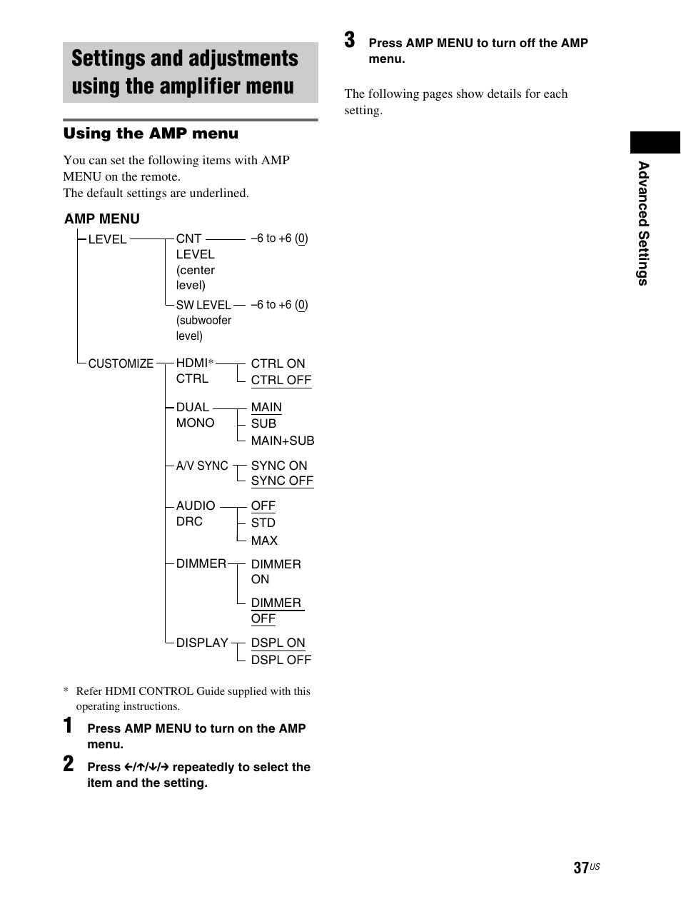 Settings and adjustments using the amplifier menu, Settings and adjustments using the, Amplifier menu | Sony RHT-G800 User Manual | Page 37 / 160