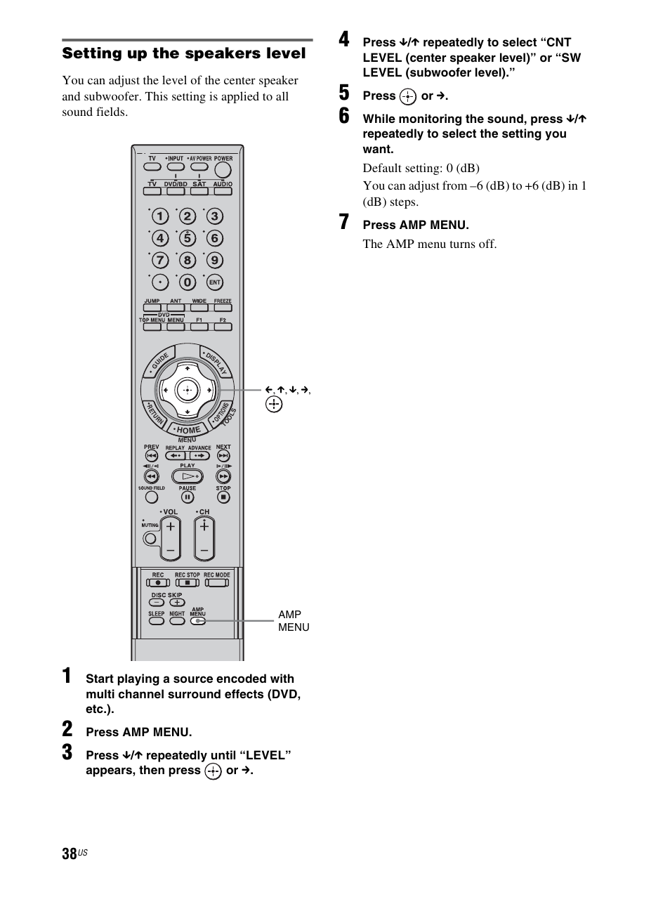 Setting up the speakers level, The amp menu turns off | Sony RHT-G800 User Manual | Page 38 / 160