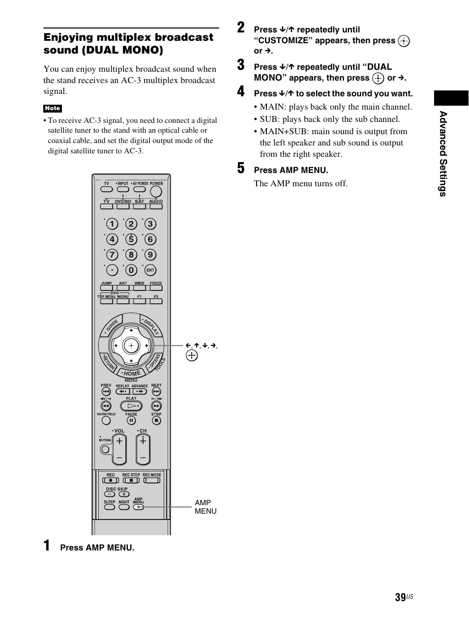 Enjoying multiplex broadcast sound (dual mono), Dual mono, The amp menu turns off | Sony RHT-G800 User Manual | Page 39 / 160