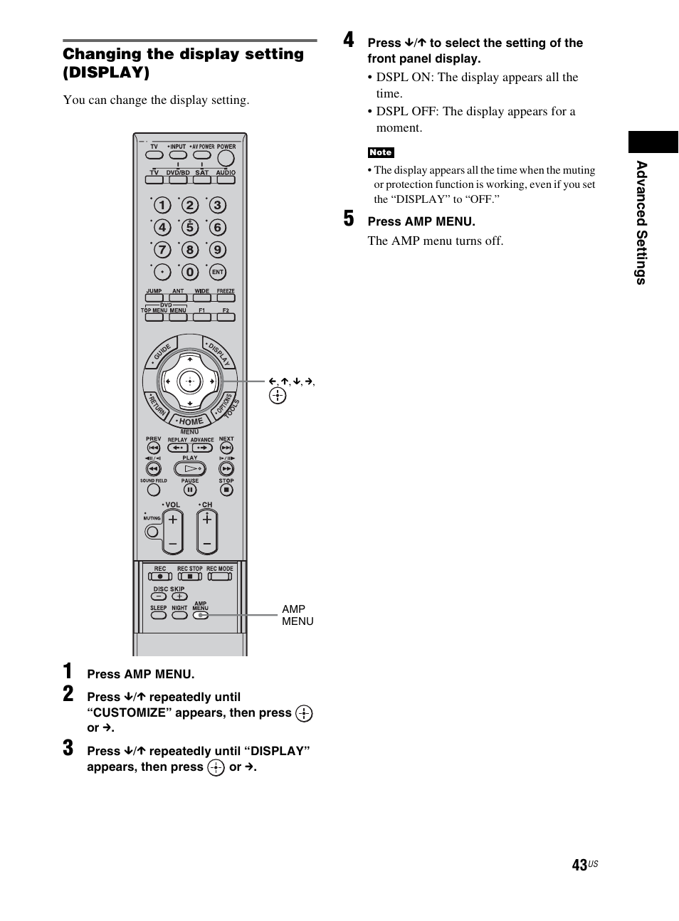Changing the display setting (display), You can change the display setting, The amp menu turns off | Sony RHT-G800 User Manual | Page 43 / 160