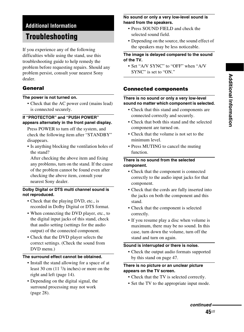 Additional information, Troubleshooting | Sony RHT-G800 User Manual | Page 45 / 160