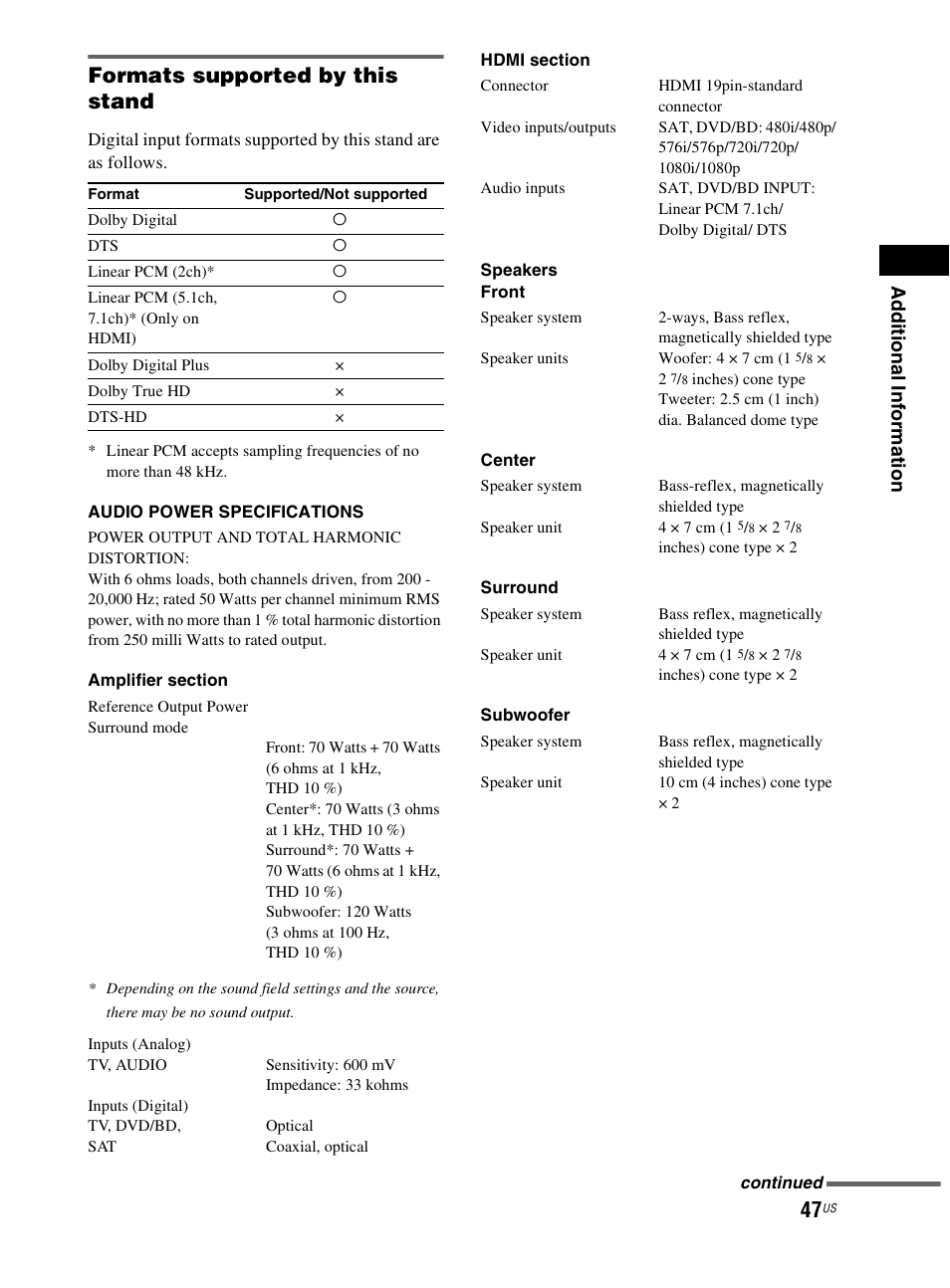 Formats supported by this stand | Sony RHT-G800 User Manual | Page 47 / 160