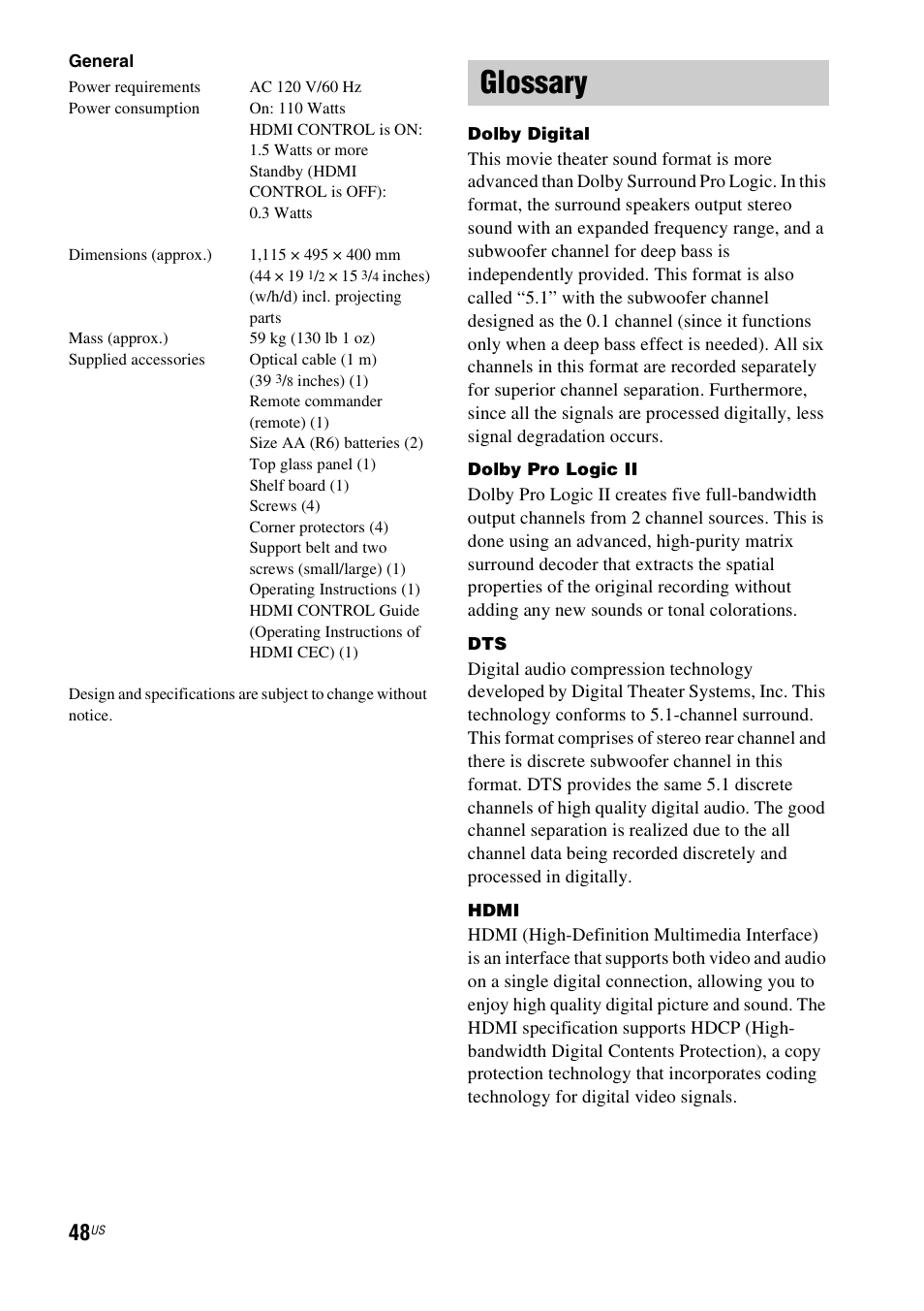 Glossary | Sony RHT-G800 User Manual | Page 48 / 160