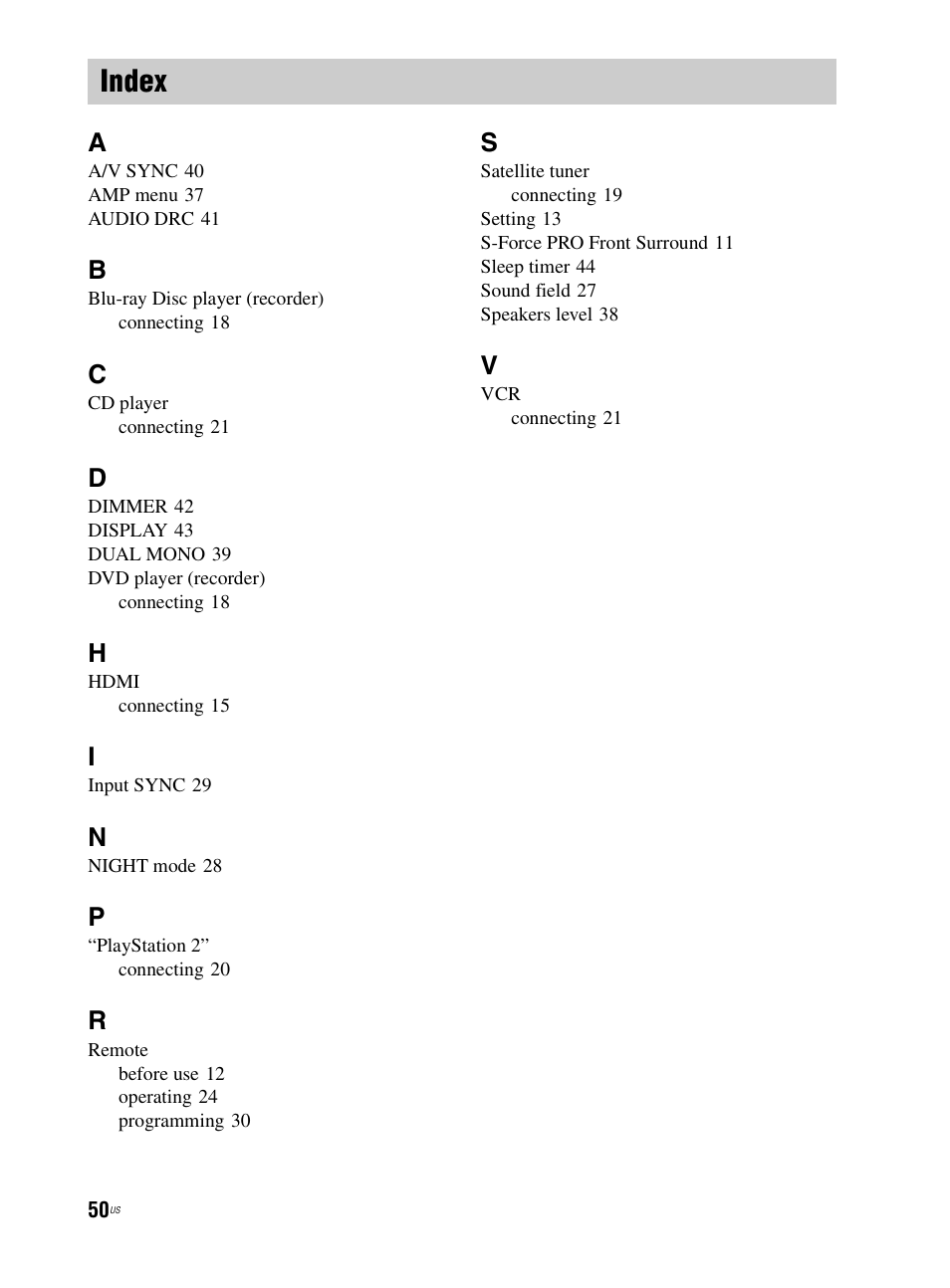 Index | Sony RHT-G800 User Manual | Page 50 / 160