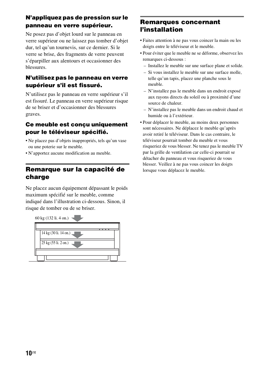 Remarque sur la capacité de charge, Remarques concernant l’installation | Sony RHT-G800 User Manual | Page 60 / 160