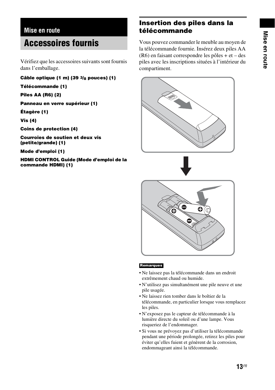 Mise en route, Accessoires fournis, Insertion des piles dans la télécommande | Sony RHT-G800 User Manual | Page 63 / 160