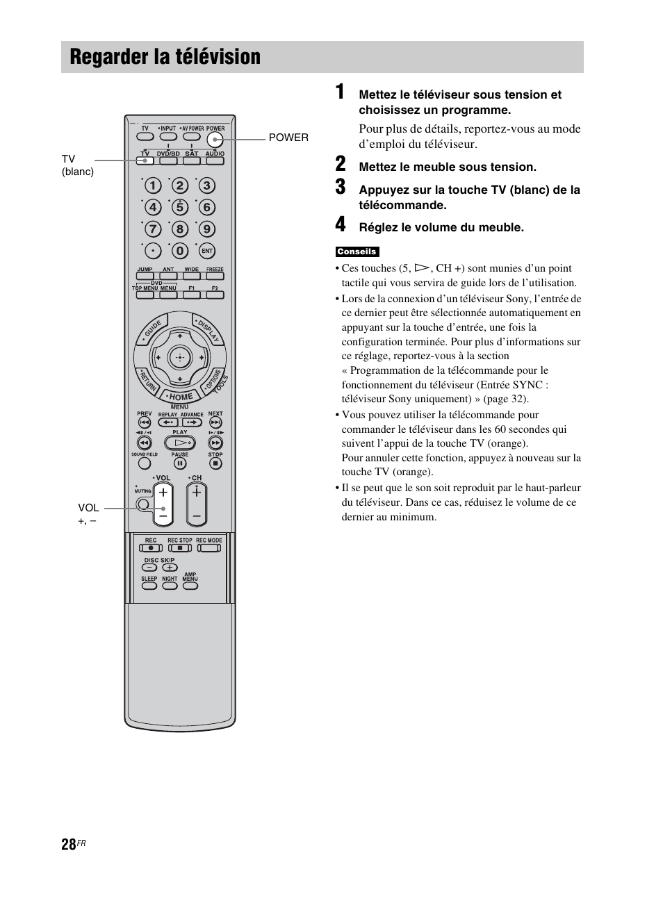 Regarder la télévision, Mettez le meuble sous tension, Réglez le volume du meuble | Sony RHT-G800 User Manual | Page 78 / 160