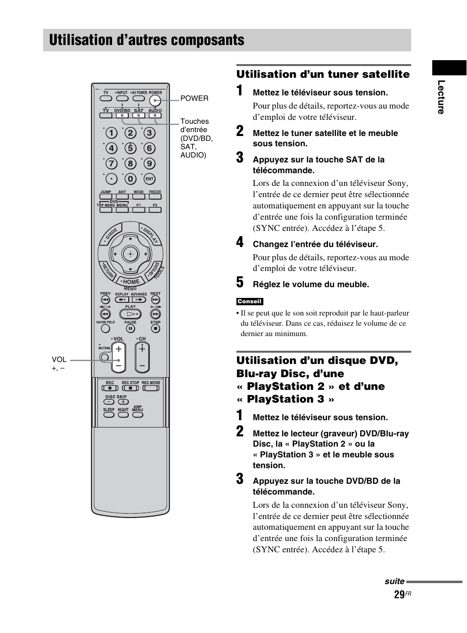 Utilisation d’autres composants, Utilisation d’un tuner satellite, Lect ur e | Sony RHT-G800 User Manual | Page 79 / 160