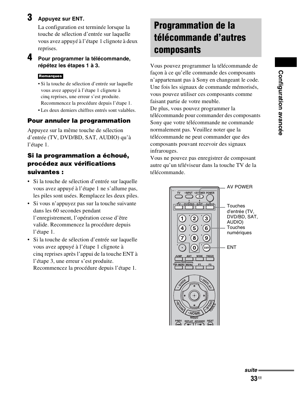 Programmation de la télécommande, D’autres composants, Con figura tion a v anc é e | Pour annuler la programmation, Appuyez sur ent, Suite | Sony RHT-G800 User Manual | Page 83 / 160