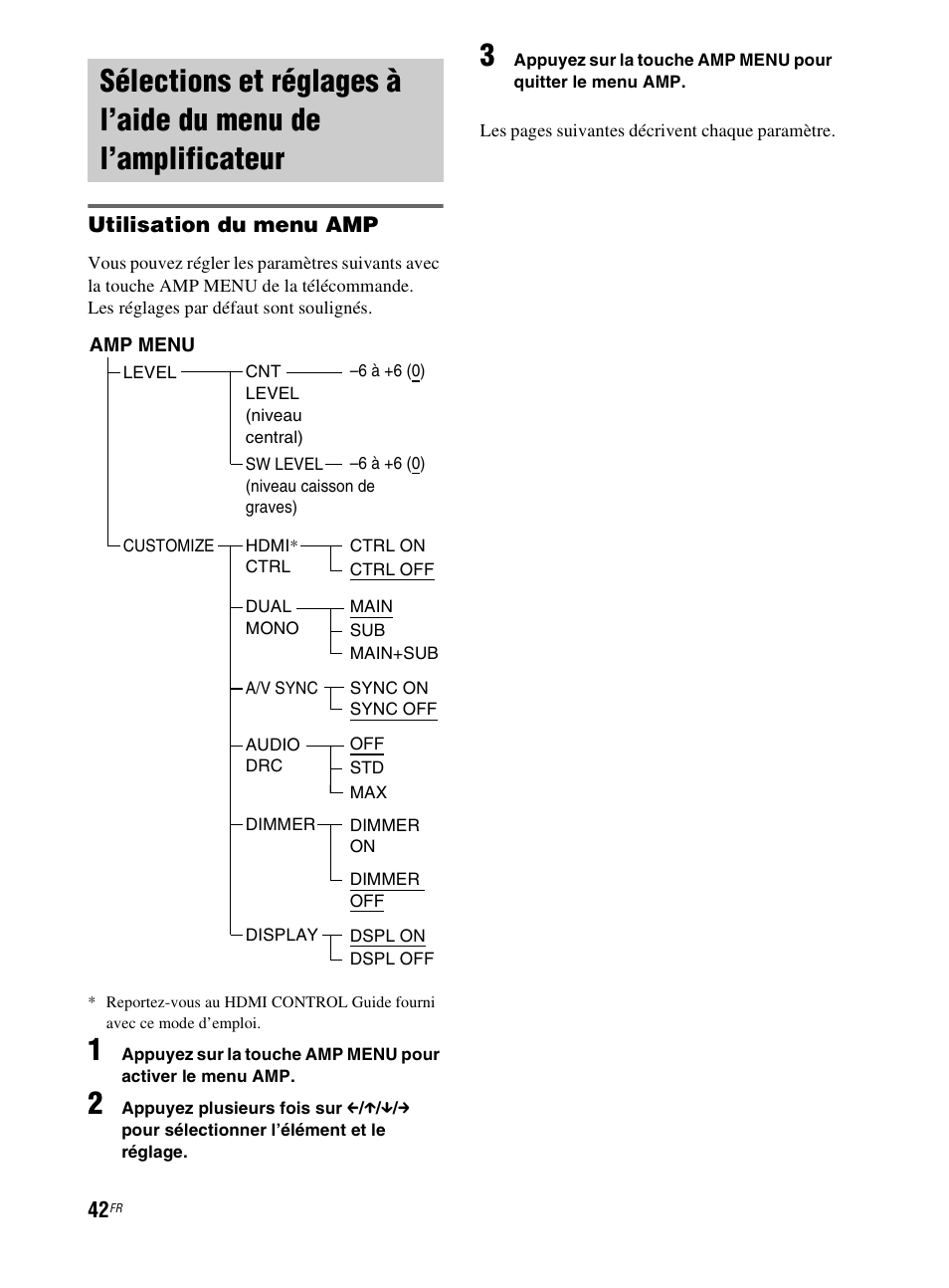 Sélections et réglages à l’aide du menu, De l’amplificateur | Sony RHT-G800 User Manual | Page 92 / 160