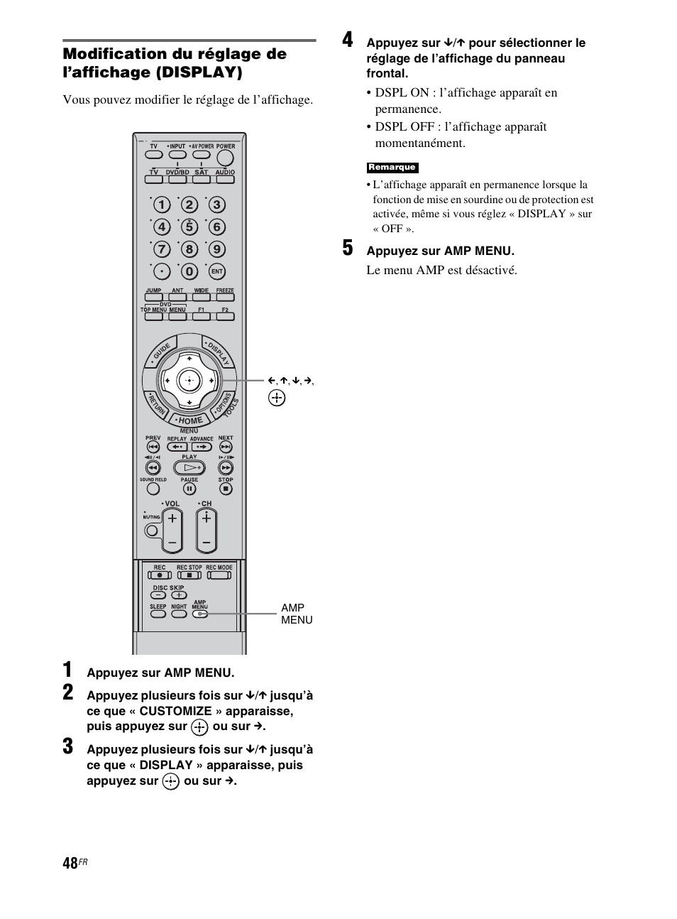 Modification du réglage de l’affichage (display), Vous pouvez modifier le réglage de l’affichage, Le menu amp est désactivé | Sony RHT-G800 User Manual | Page 98 / 160