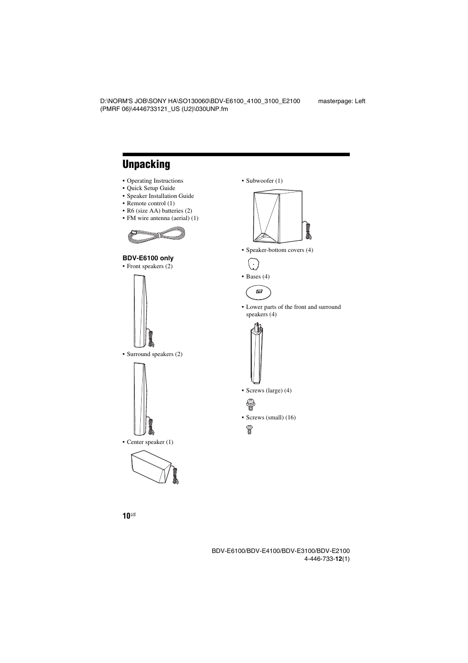 Unpacking | Sony BDV-E2100 User Manual | Page 10 / 72