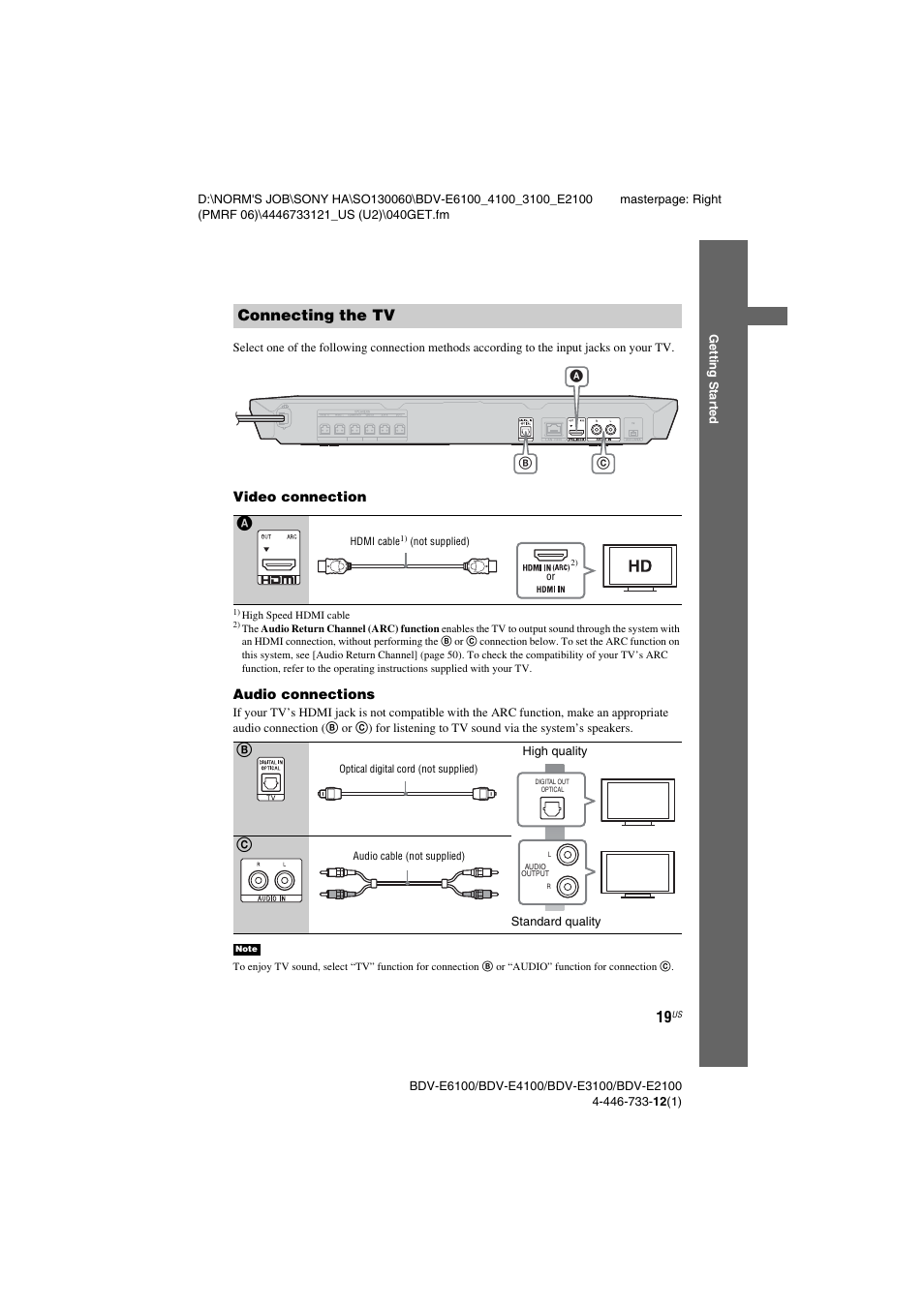 Connecting the tv, Connecting the tv a | Sony BDV-E2100 User Manual | Page 19 / 72