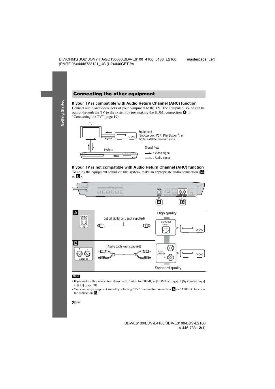Connecting the other equipment, Connecting the other, Equipment | Connecting the other equipment a | Sony BDV-E2100 User Manual | Page 20 / 72