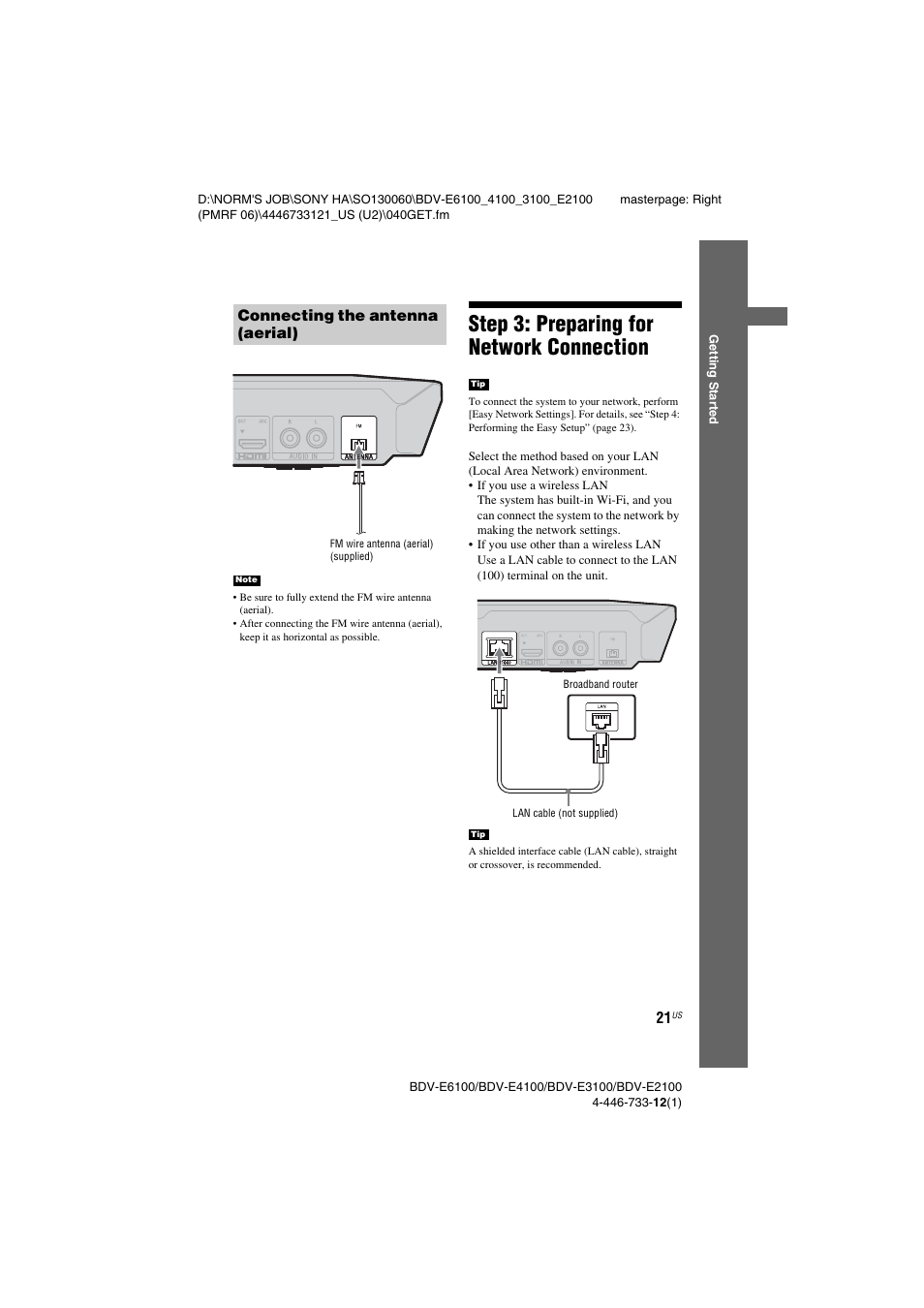 Connecting the antenna (aerial), Step 3: preparing for network connection, Connecting the antenna | Aerial), Step 3: preparing for network, Connection | Sony BDV-E2100 User Manual | Page 21 / 72
