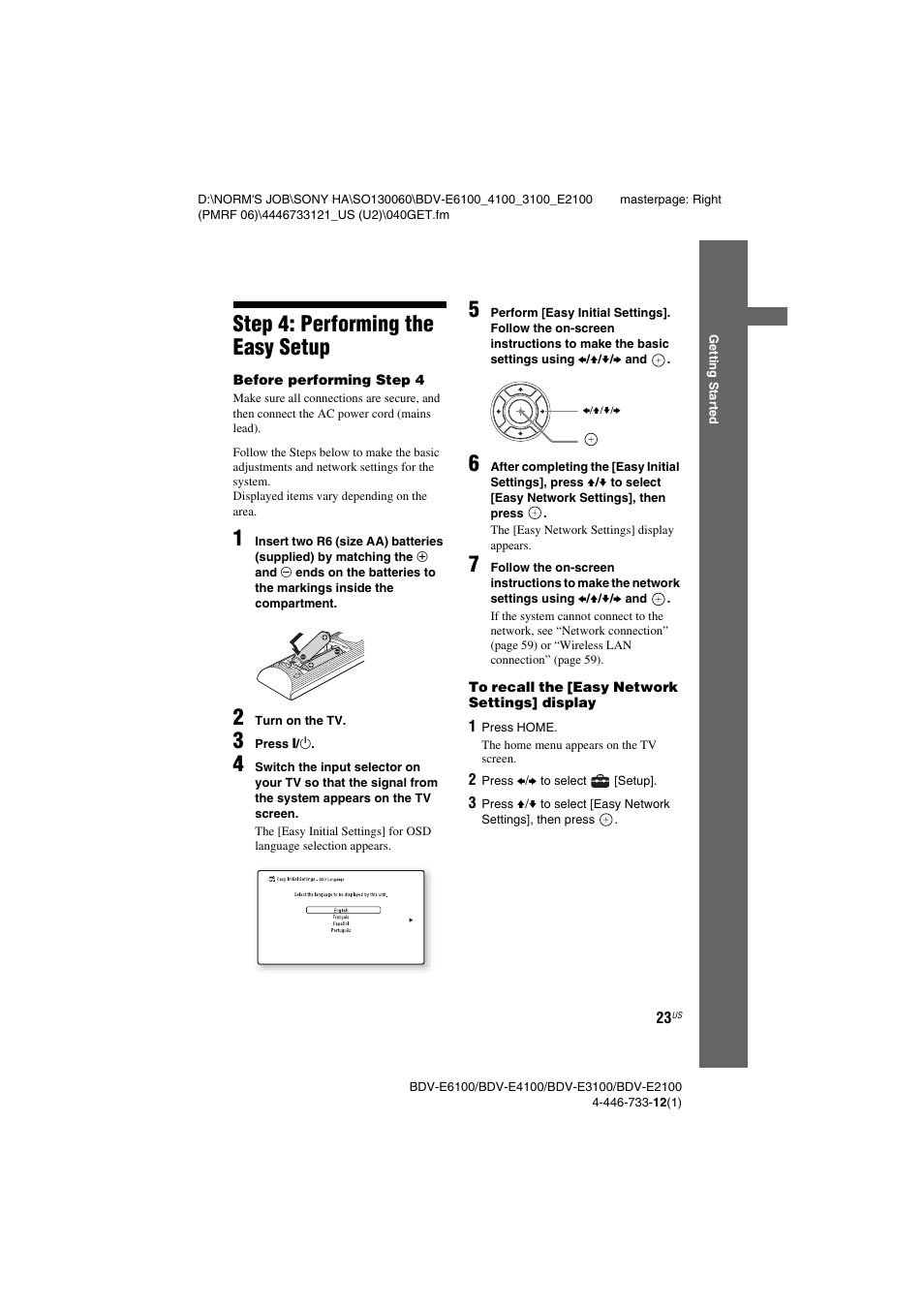 Step 4: performing the easy setup, Step 4: performing the easy, Setup | Es 23, 39), Ages 23 | Sony BDV-E2100 User Manual | Page 23 / 72