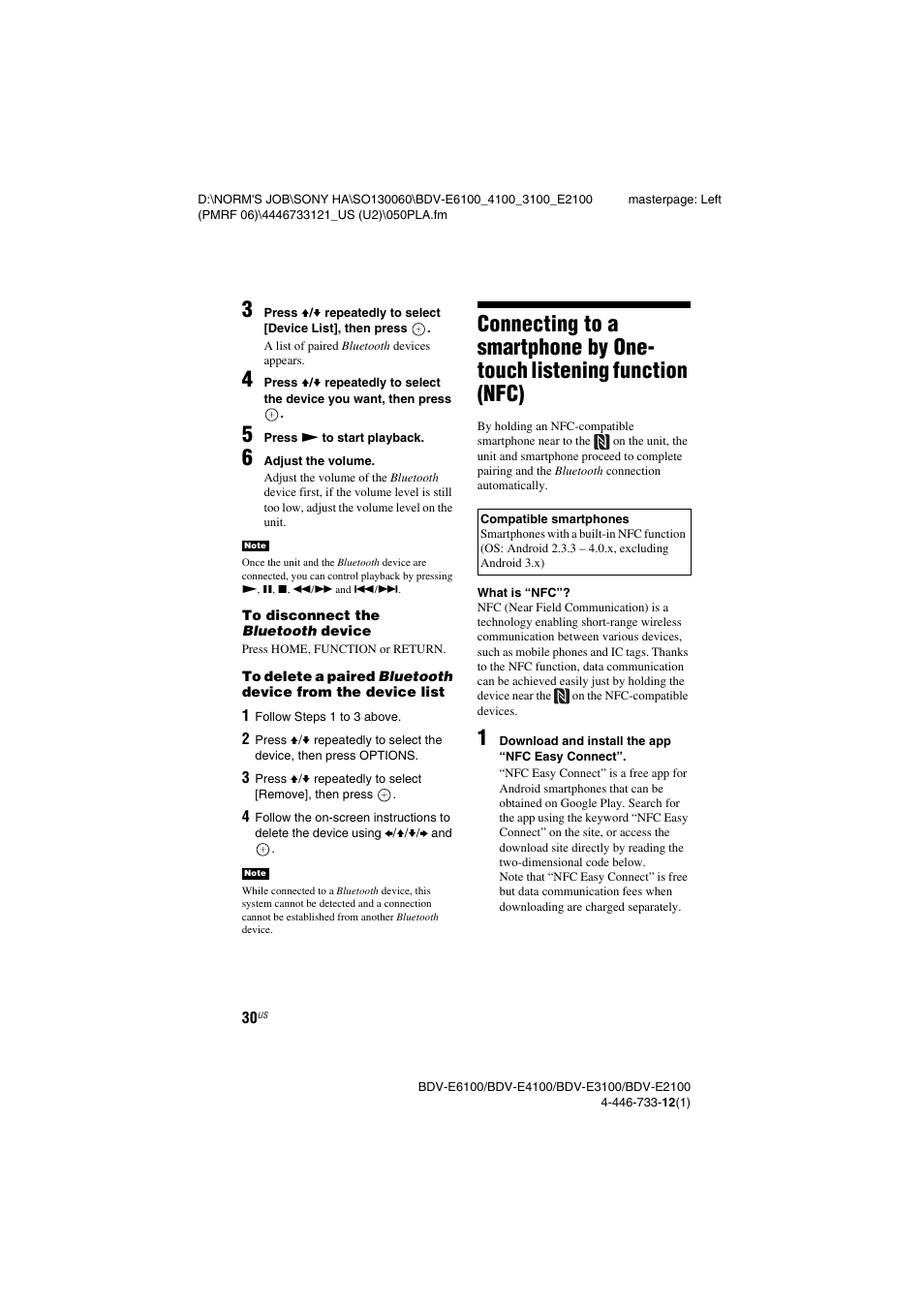 Connecting to a smartphone by, One-touch listening function (nfc) | Sony BDV-E2100 User Manual | Page 30 / 72