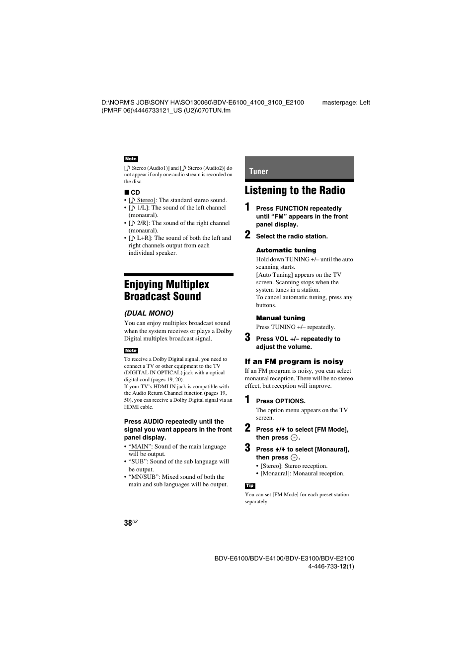 Enjoying multiplex broadcast sound, Tuner, Listening to the radio | Enjoying multiplex broadcast, Sound, Listening to the radio 1 | Sony BDV-E2100 User Manual | Page 38 / 72