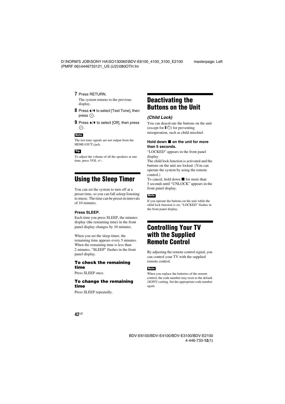 Using the sleep timer, Deactivating the buttons on the unit, Unit | Controlling your tv with the, Supplied remote control | Sony BDV-E2100 User Manual | Page 42 / 72