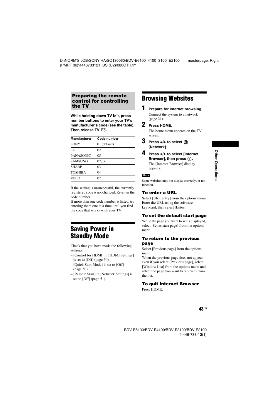 Saving power in standby mode, Browsing websites, Saving power in standby mode browsing websites | Browsing websites 1 | Sony BDV-E2100 User Manual | Page 43 / 72