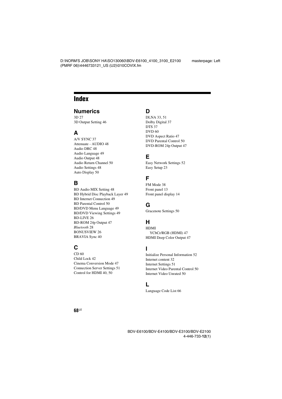 Index, Numerics | Sony BDV-E2100 User Manual | Page 68 / 72