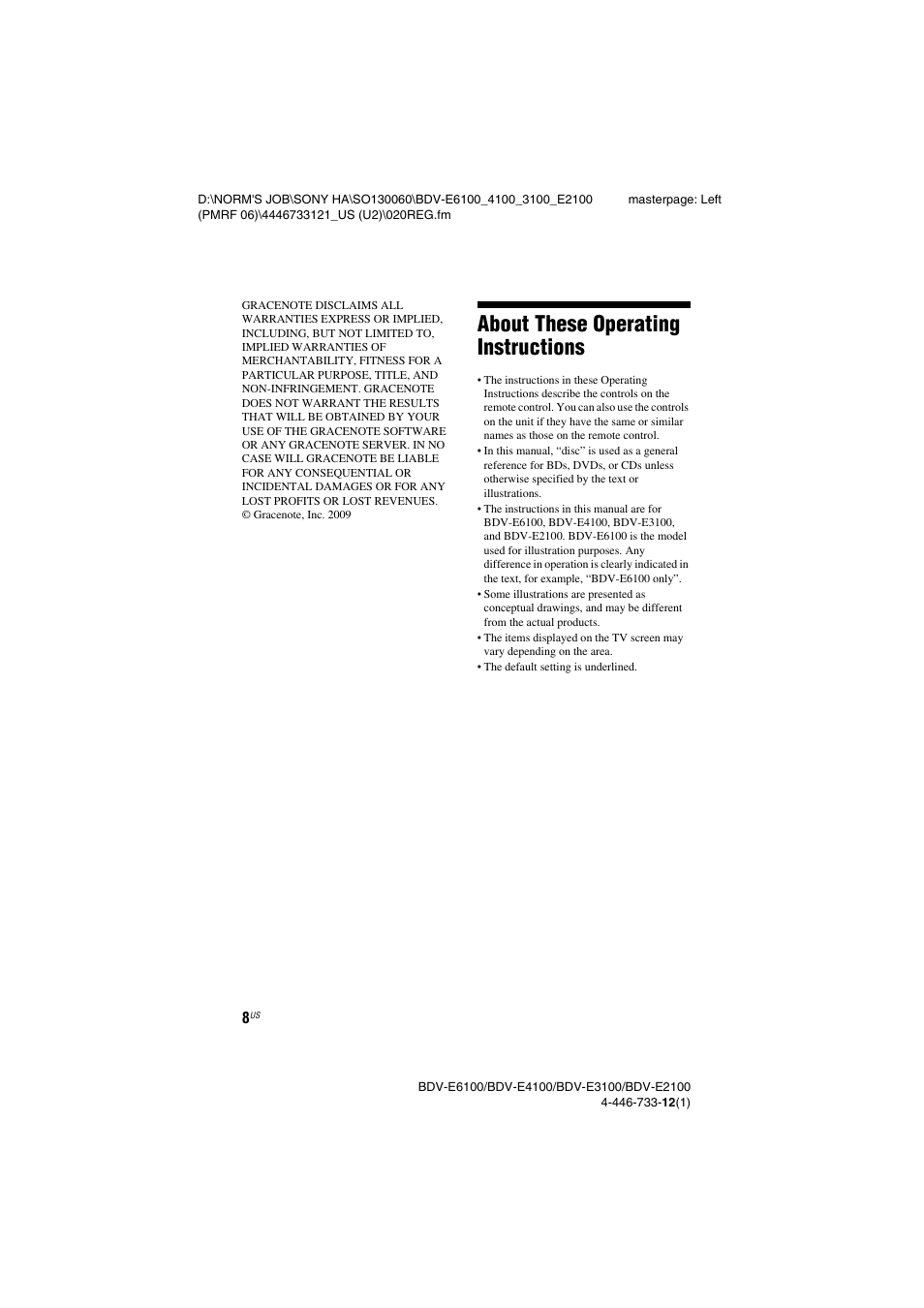 About these operating instructions | Sony BDV-E2100 User Manual | Page 8 / 72
