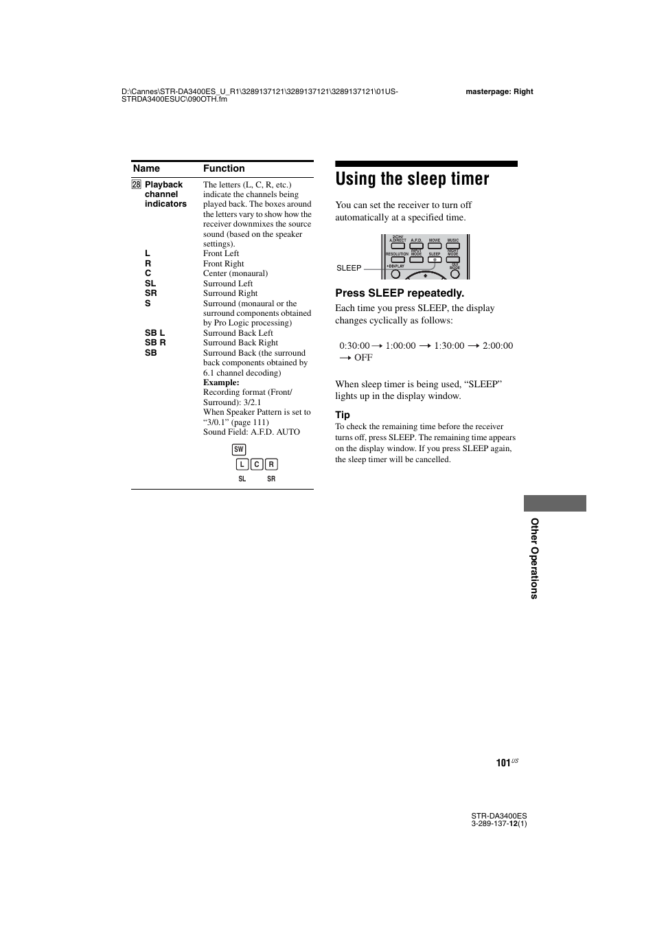 Using the sleep timer, Press sleep repeatedly | Sony STR-DA3400ES User Manual | Page 101 / 144
