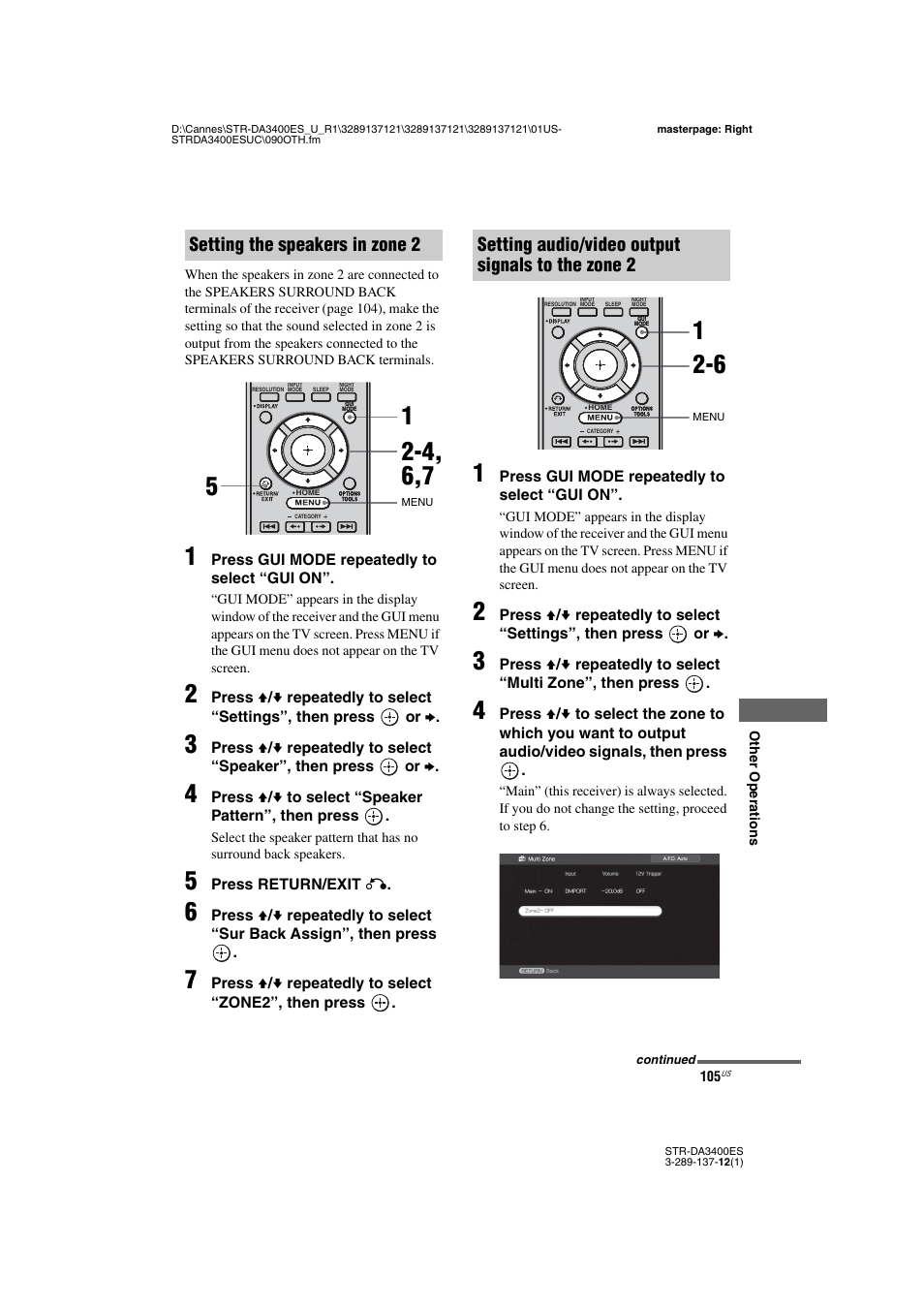 Setting the speakers in zone 2, Setting audio/video output signals to the zone 2 | Sony STR-DA3400ES User Manual | Page 105 / 144