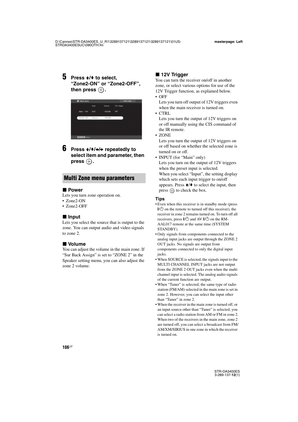 Multi zone menu parameters | Sony STR-DA3400ES User Manual | Page 106 / 144