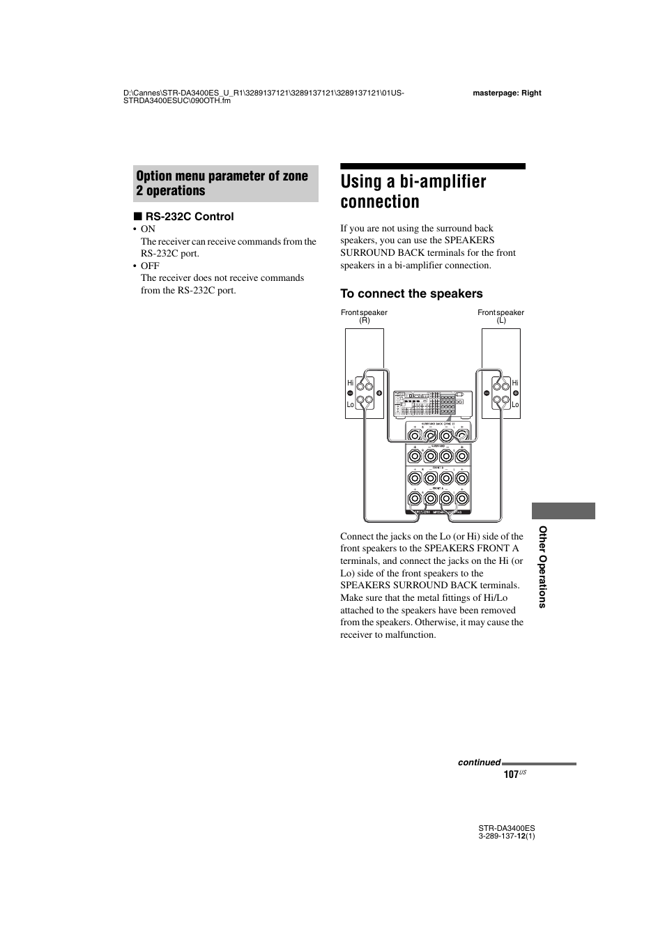 Using a bi-amplifier connection, Option menu parameter of zone 2 operations | Sony STR-DA3400ES User Manual | Page 107 / 144