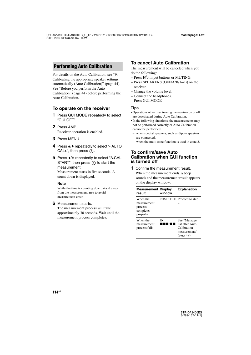 Performing auto calibration | Sony STR-DA3400ES User Manual | Page 114 / 144