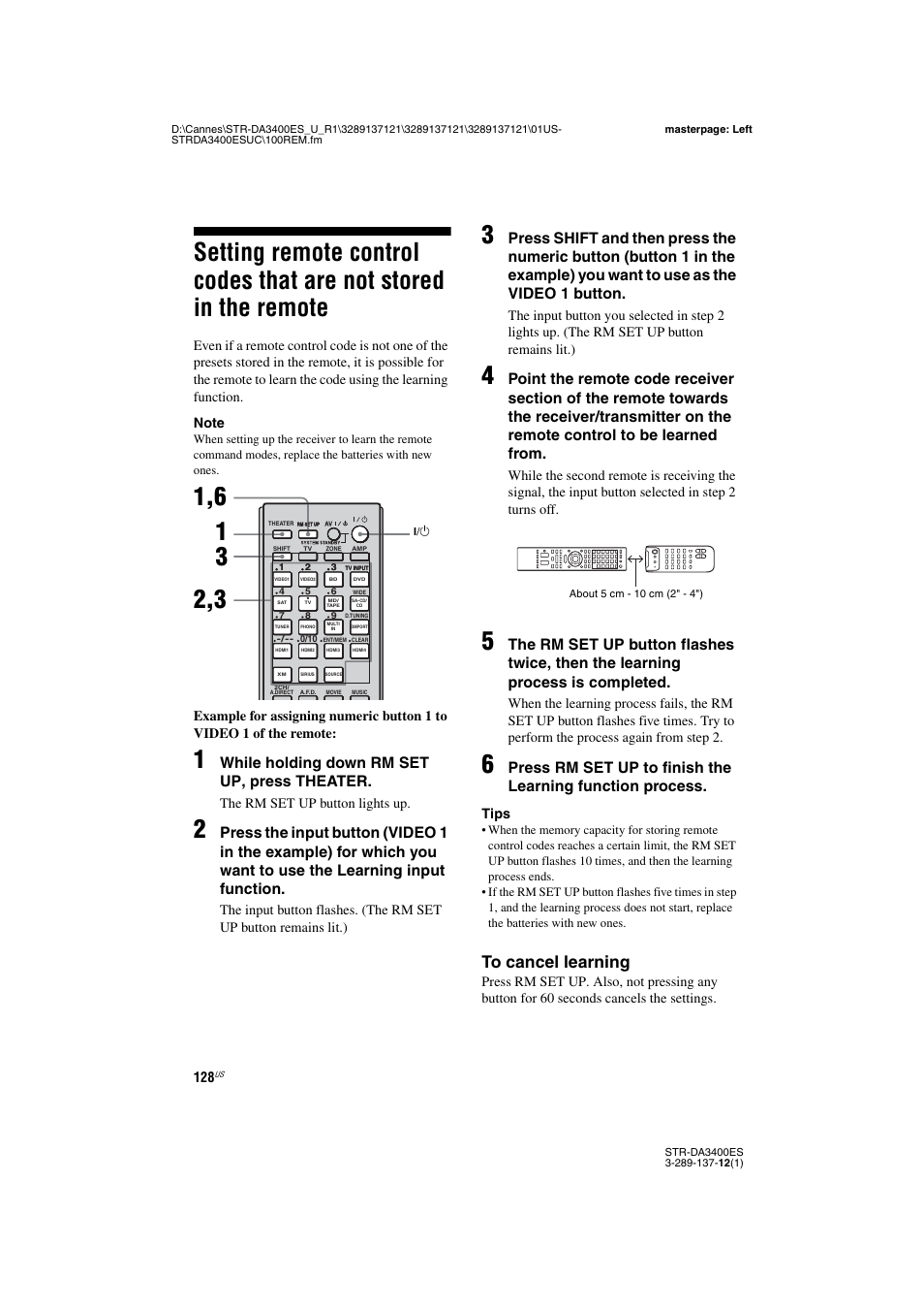 Setting remote control codes that are not, Stored in the remote, While holding down rm set up, press theater | Sony STR-DA3400ES User Manual | Page 128 / 144