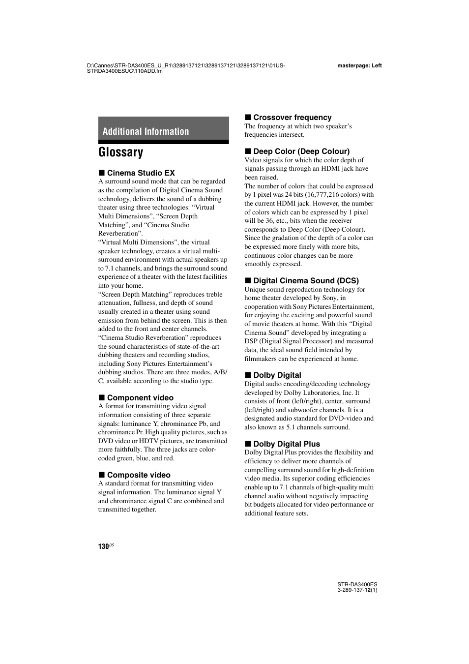 Additional information, Glossary | Sony STR-DA3400ES User Manual | Page 130 / 144