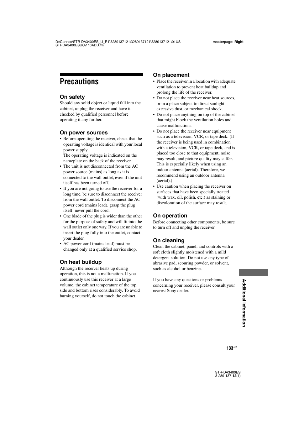 Precautions | Sony STR-DA3400ES User Manual | Page 133 / 144