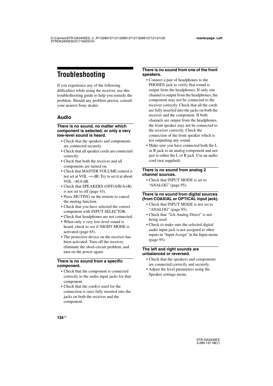 Troubleshooting | Sony STR-DA3400ES User Manual | Page 134 / 144