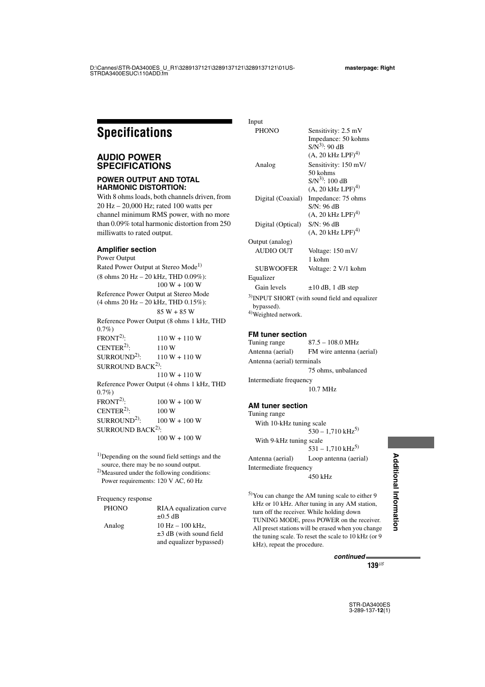 Specifications, Audio power specifications | Sony STR-DA3400ES User Manual | Page 139 / 144