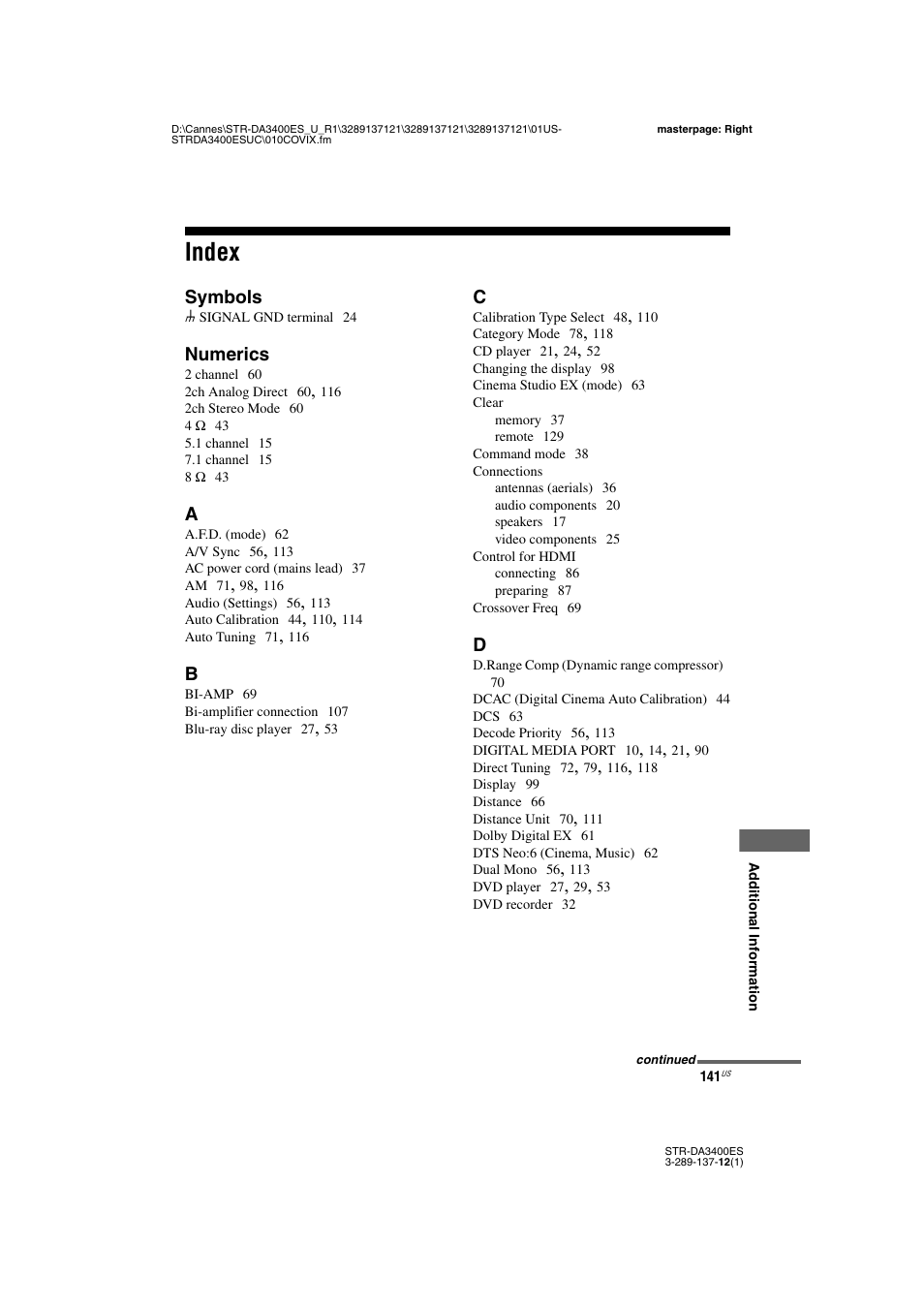 Index | Sony STR-DA3400ES User Manual | Page 141 / 144