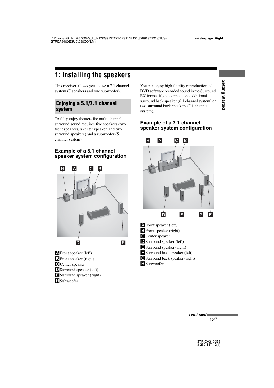 Installing the speakers, Enjoying a 5.1/7.1 channel system | Sony STR-DA3400ES User Manual | Page 15 / 144
