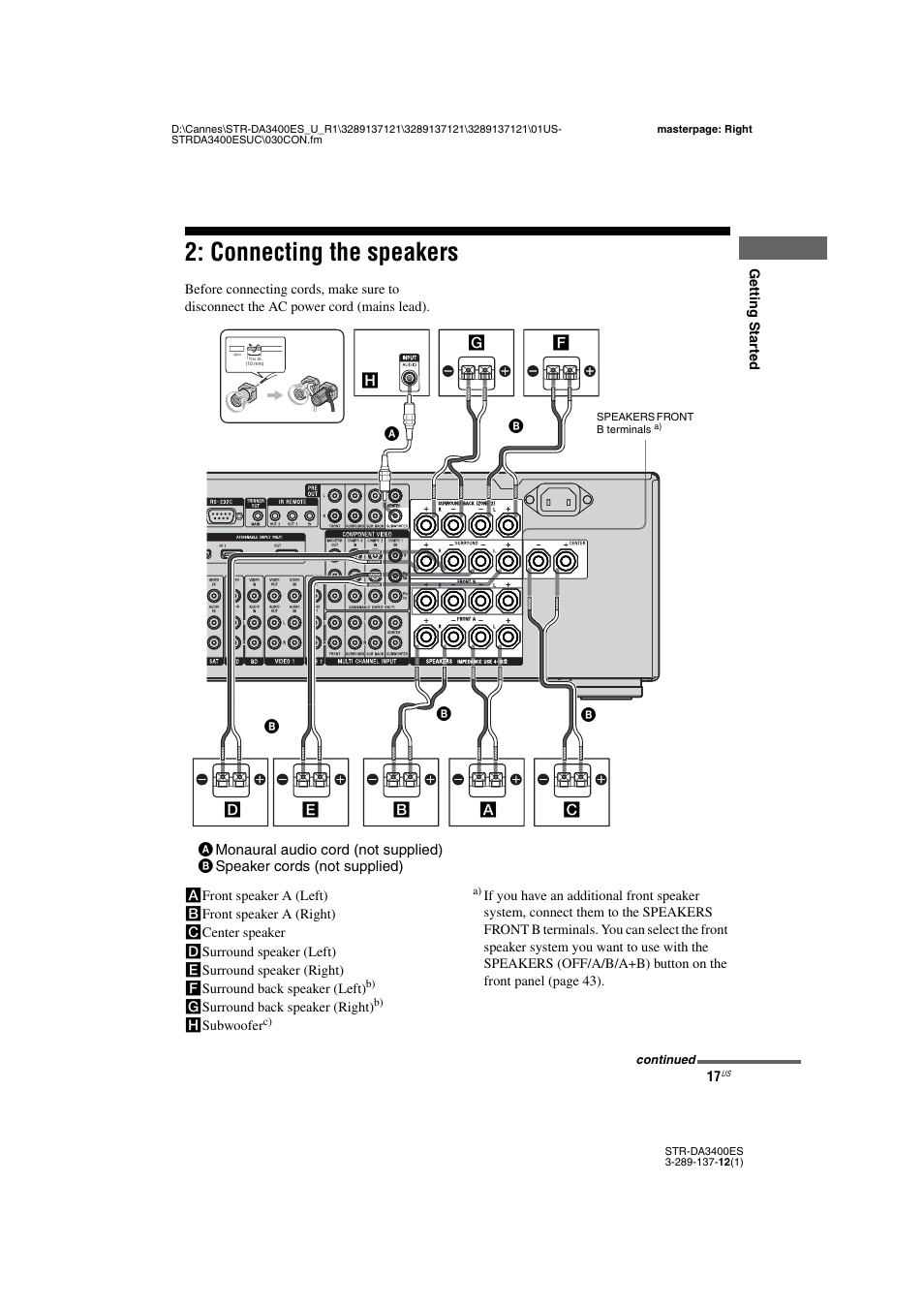 Connecting the speakers | Sony STR-DA3400ES User Manual | Page 17 / 144