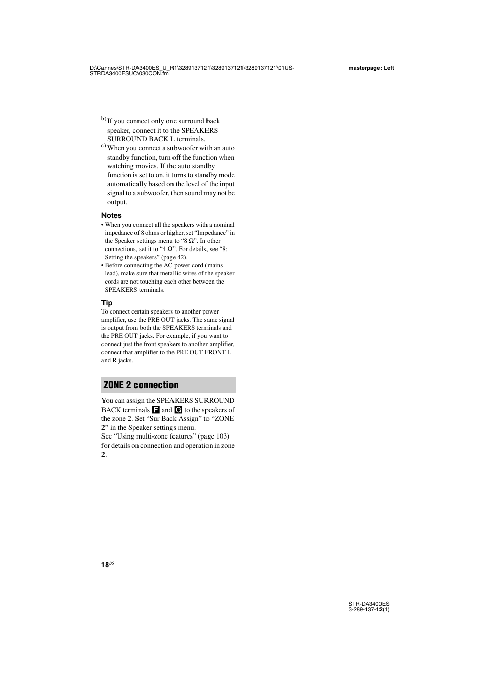 Zone 2 connection | Sony STR-DA3400ES User Manual | Page 18 / 144