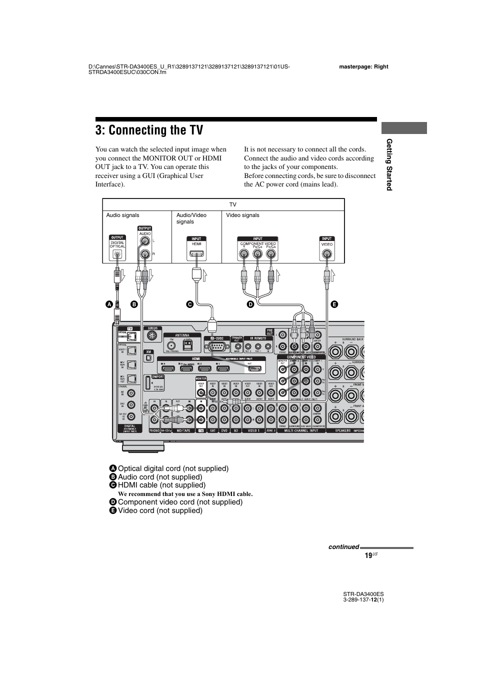 Connecting the tv, E 19, 29 | Sony STR-DA3400ES User Manual | Page 19 / 144