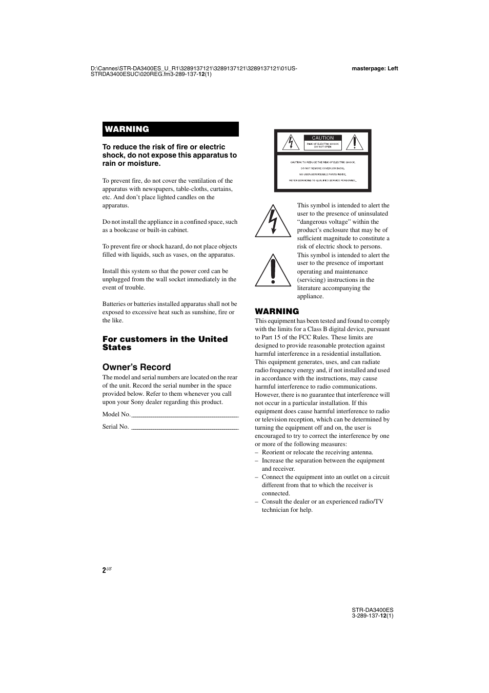 Owner’s record | Sony STR-DA3400ES User Manual | Page 2 / 144