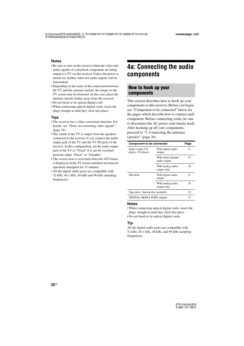 4a: connecting the audio components, How to hook up your components | Sony STR-DA3400ES User Manual | Page 20 / 144