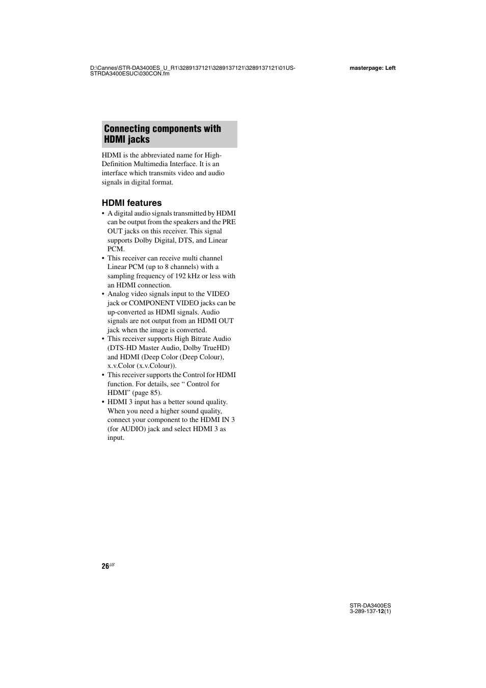 Connecting components with hdmi jacks | Sony STR-DA3400ES User Manual | Page 26 / 144