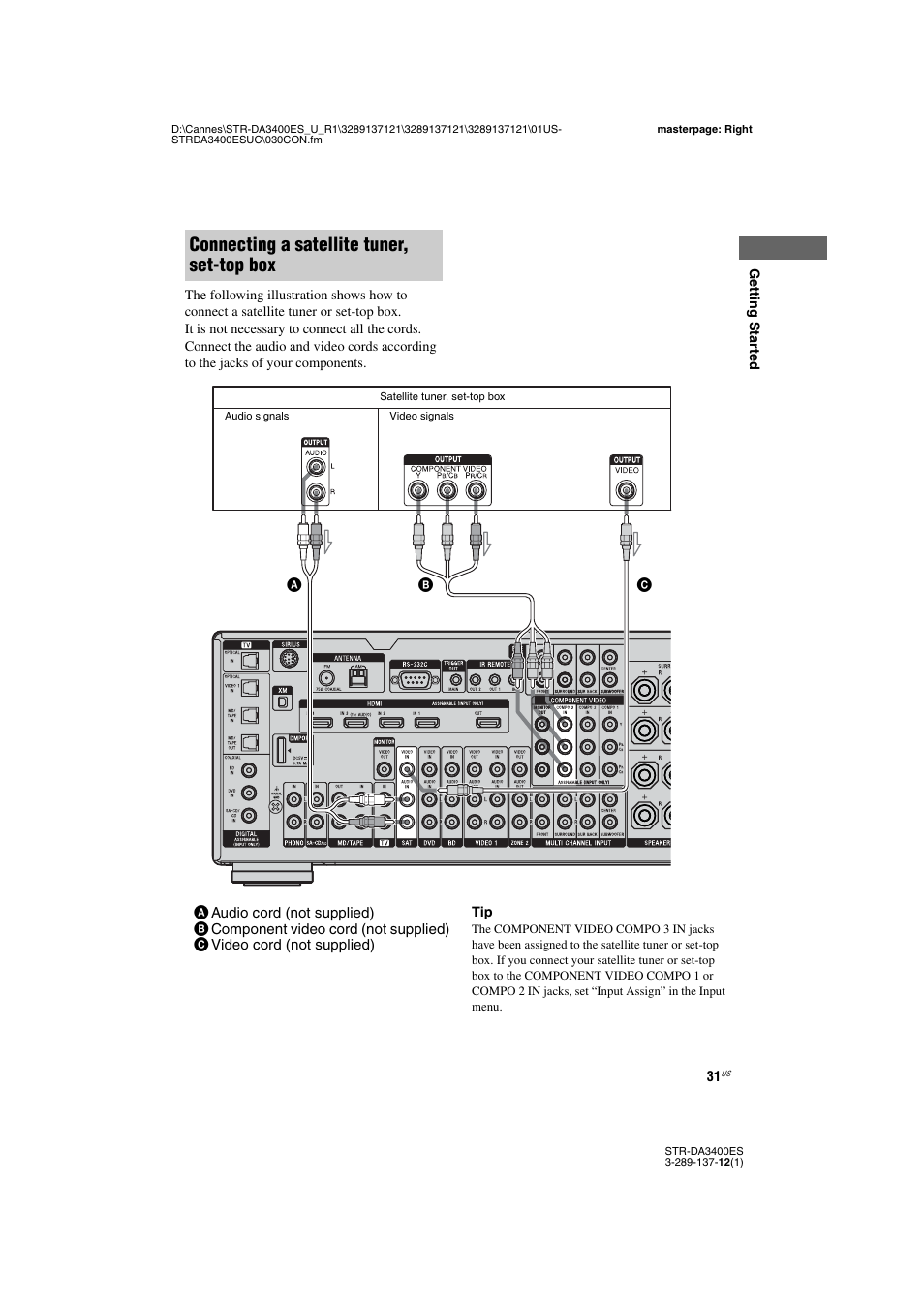 Connecting a satellite tuner, set-top box | Sony STR-DA3400ES User Manual | Page 31 / 144