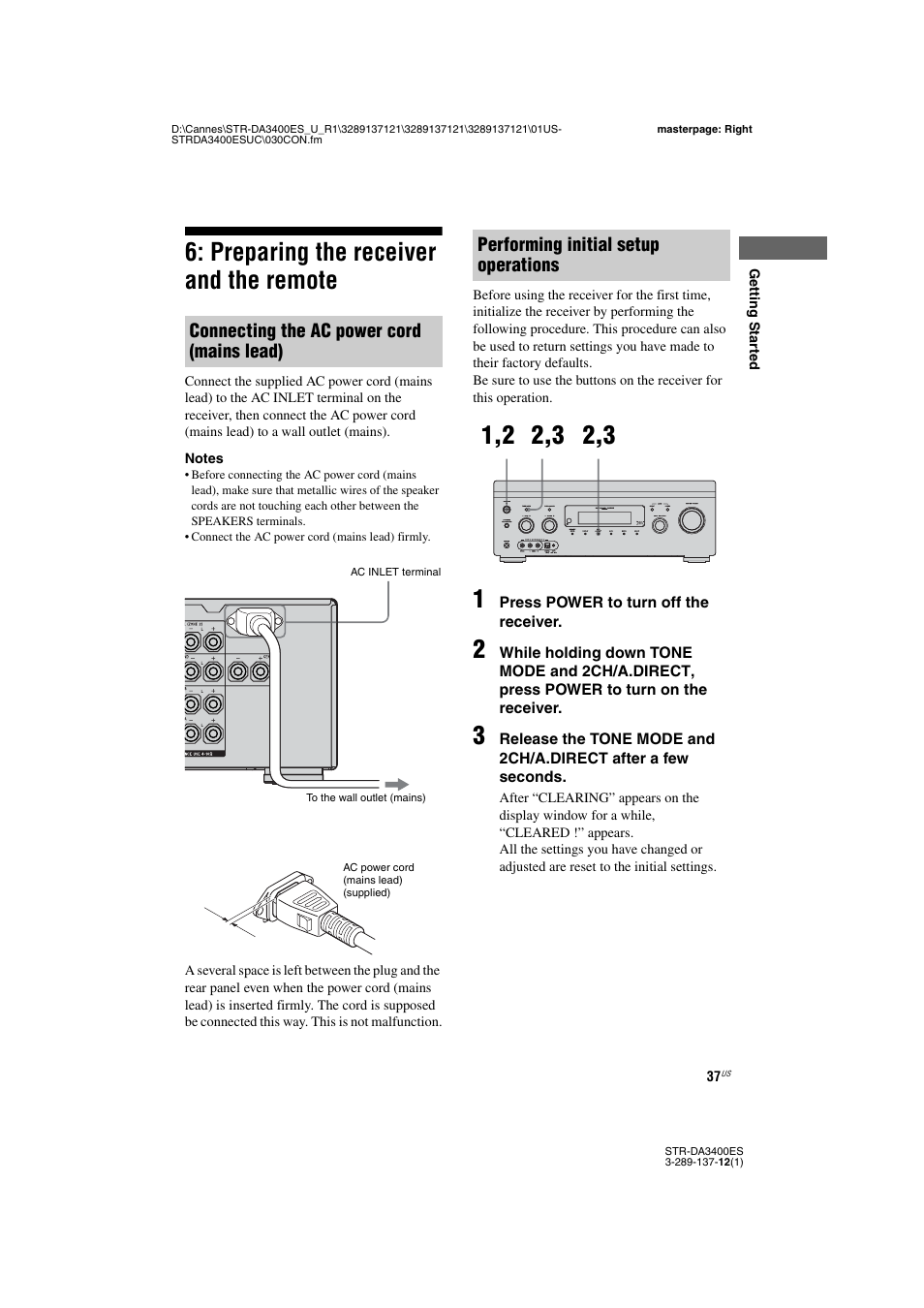 Preparing the receiver and the remote, Connecting the ac power cord (mains lead), Performing initial setup operations | Sony STR-DA3400ES User Manual | Page 37 / 144