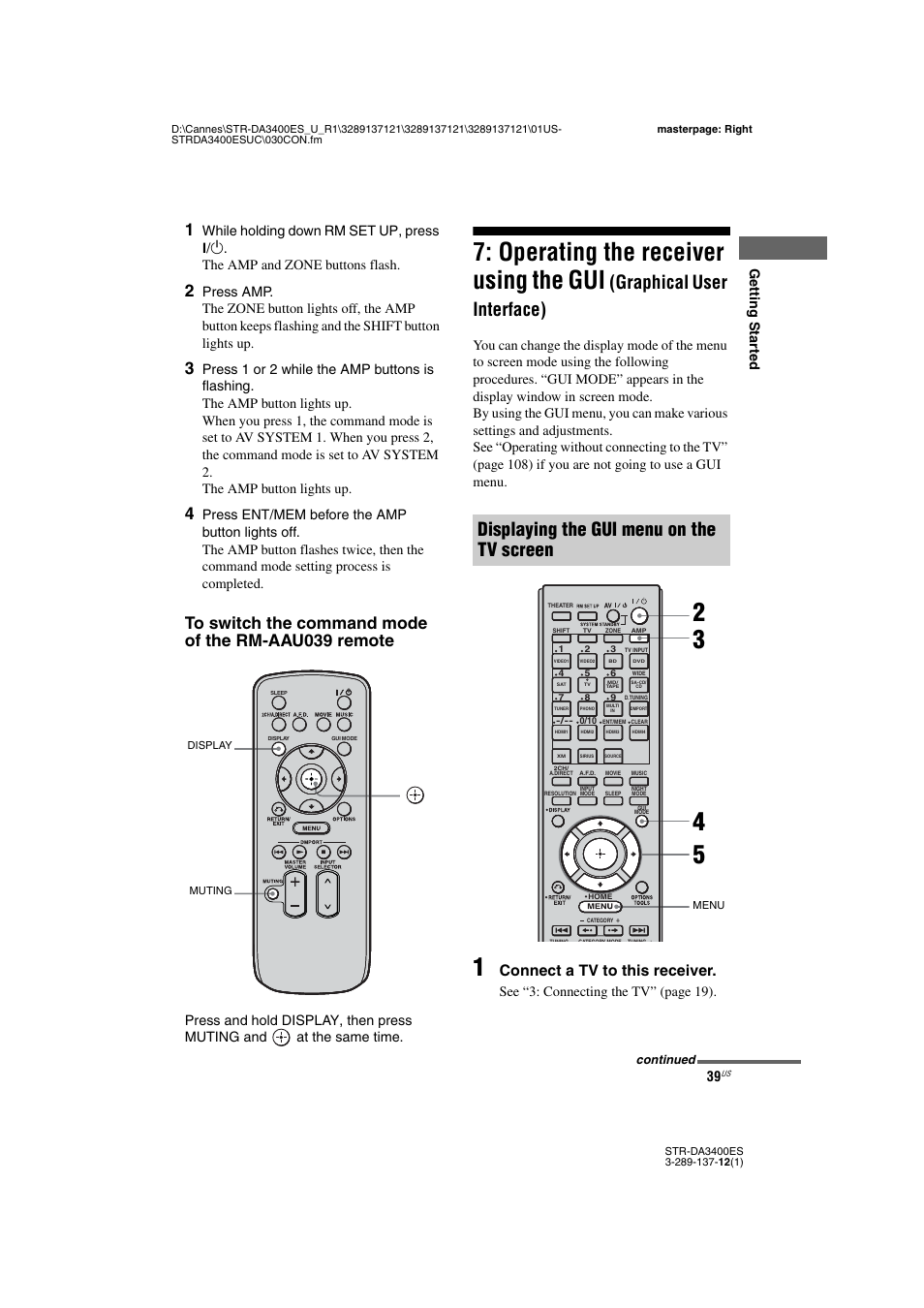 Operating the receiver using the gui, Graphical user interface), Displaying the gui menu on the tv screen | Connect a tv to this receiver, Getting star ted, Se e “3: connecting the tv” (page 19) | Sony STR-DA3400ES User Manual | Page 39 / 144