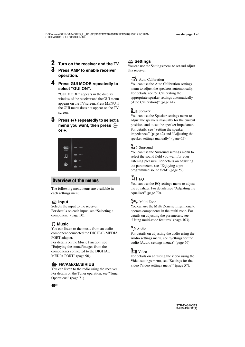 Overview of the menus | Sony STR-DA3400ES User Manual | Page 40 / 144